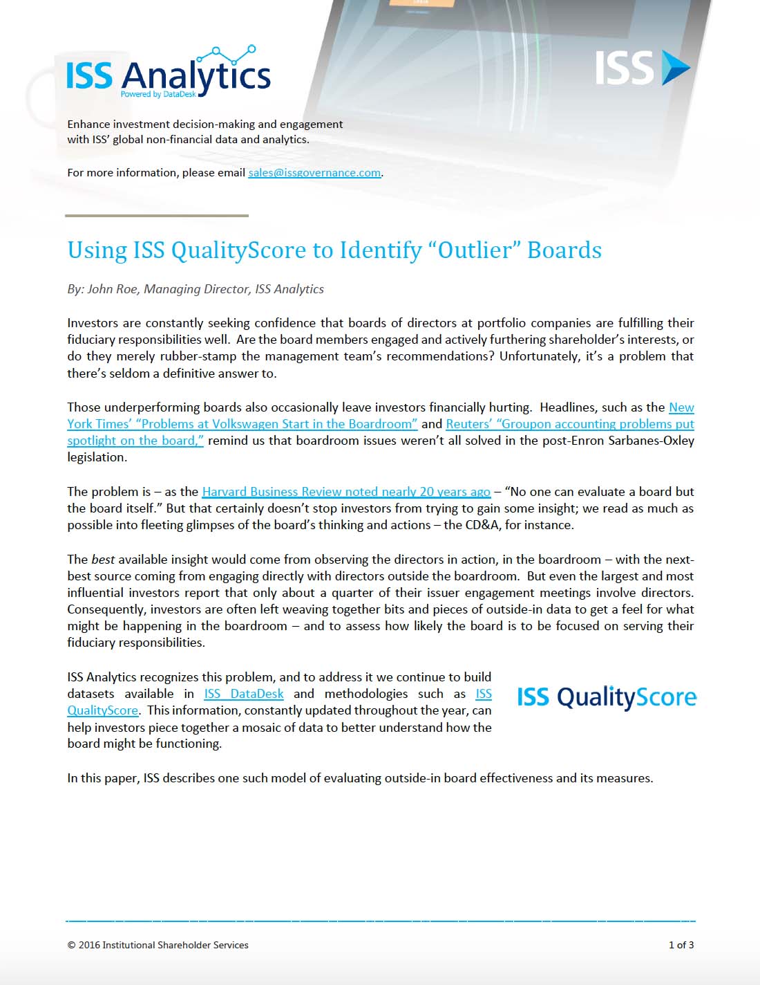 Case Study: Using ISS QualityScore to Identify “Outlier” Boards Case Study: Using ISS QualityScore to Identify “Outlier” Boards