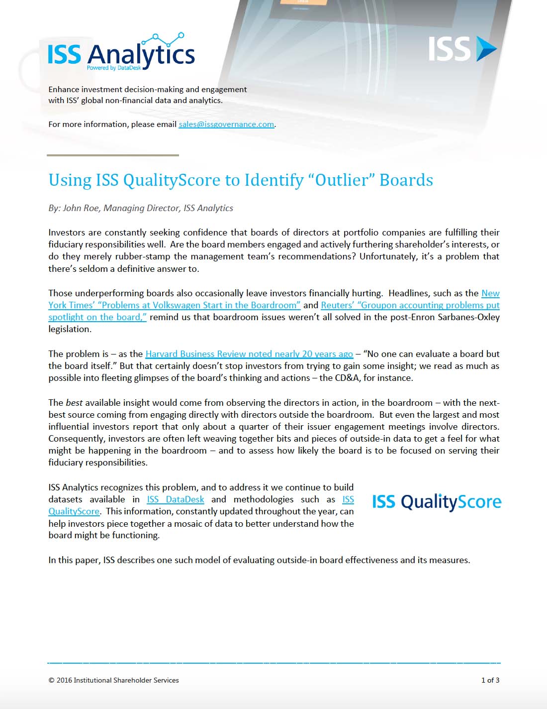 Case Study: Using ISS QualityScore to Identify “Outlier” Boards