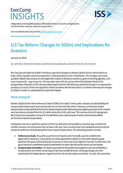 U.S Tax Reform: Changes to 162(m) and Implications for Investors U.S Tax Reform: Changes to 162(m) and Implications for Investors