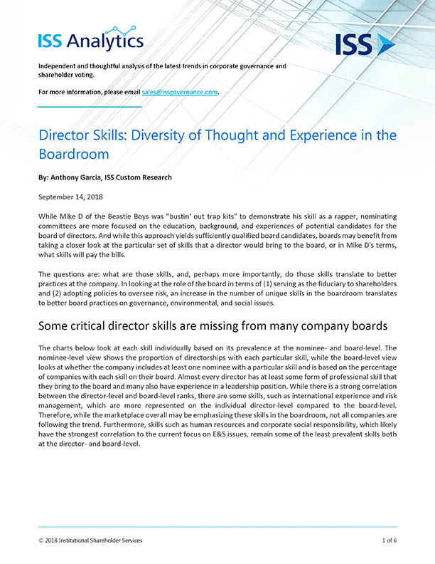 Director Skills: Diversity of Thought and Experience in the Boardroom Director Skills: Diversity of Thought and Experience in the Boardroom