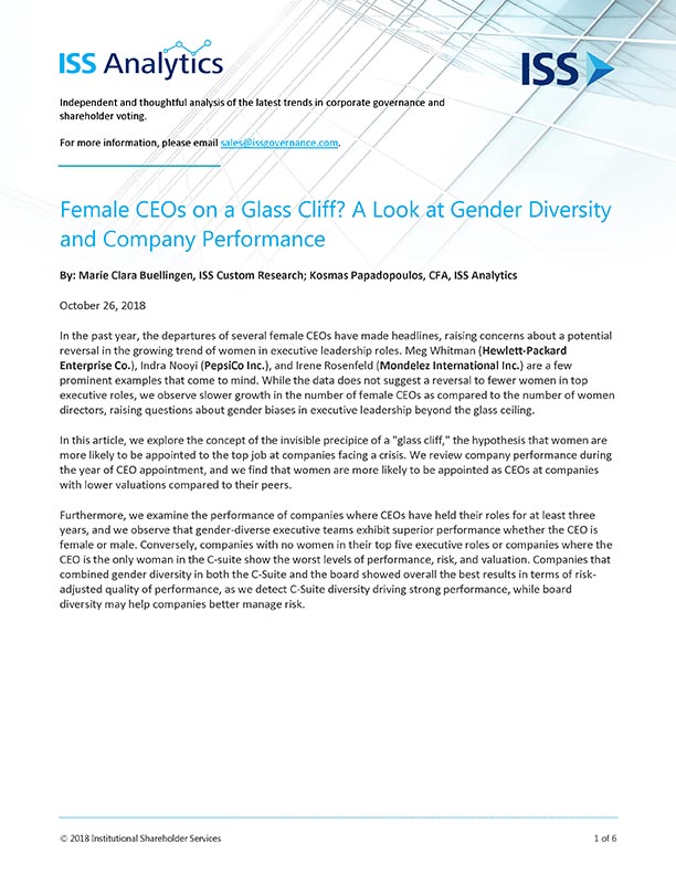 Female CEOs on a Glass Cliff? A Look at Gender Diversity and Company Performance Female CEOs on a Glass Cliff? A Look at Gender Diversity and Company Performance