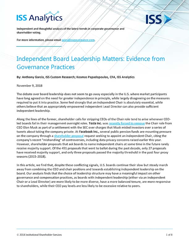 Independent Board Leadership Matters: Evidence from Governance Practices Independent Board Leadership Matters: Evidence from Governance Practices