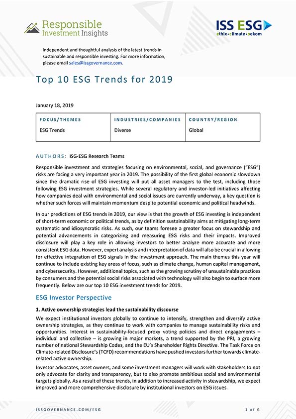 Top 10 ESG Trends for 2019