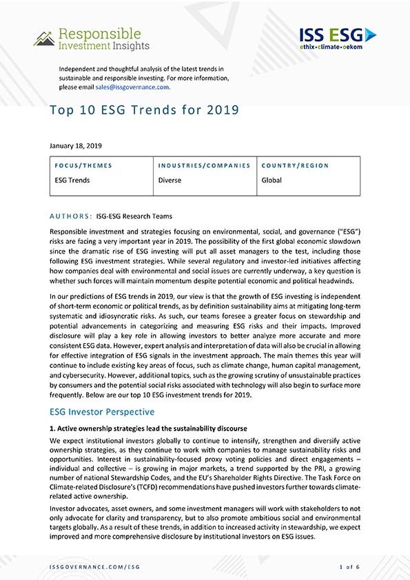 Top 10 ESG Trends for 2019 Top 10 ESG Trends for 2019