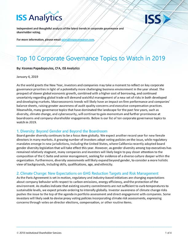 Top 10 Corporate Governance Topics to Watch in 2019