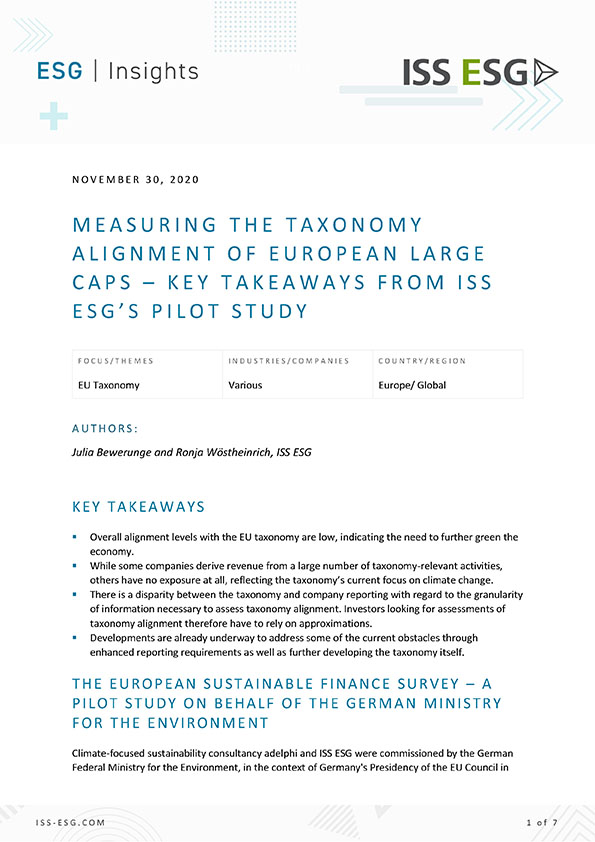 Measuring the Taxonomy Alignment of European Large Caps – Key Takeaways from ISS ESG’s Pilot Study