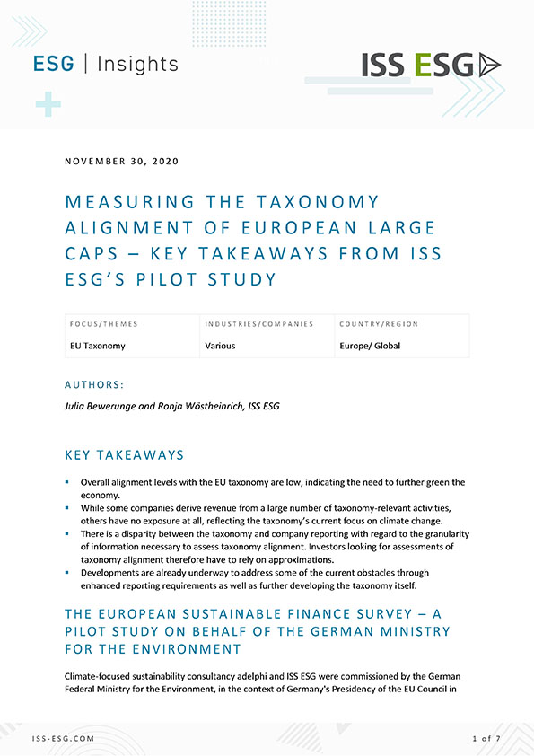 Measuring the Taxonomy Alignment of European Large Caps – Key Takeaways from ISS ESG’s Pilot Study Measuring the Taxonomy Alignment of European Large Caps – Key Takeaways from ISS ESG’s Pilot Study