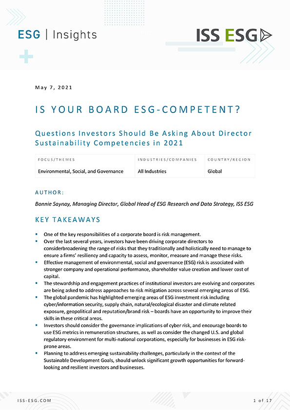 Is Your Board ESG-Competent? Questions Investors Should Be Asking About Director Sustainability Competencies in 2021