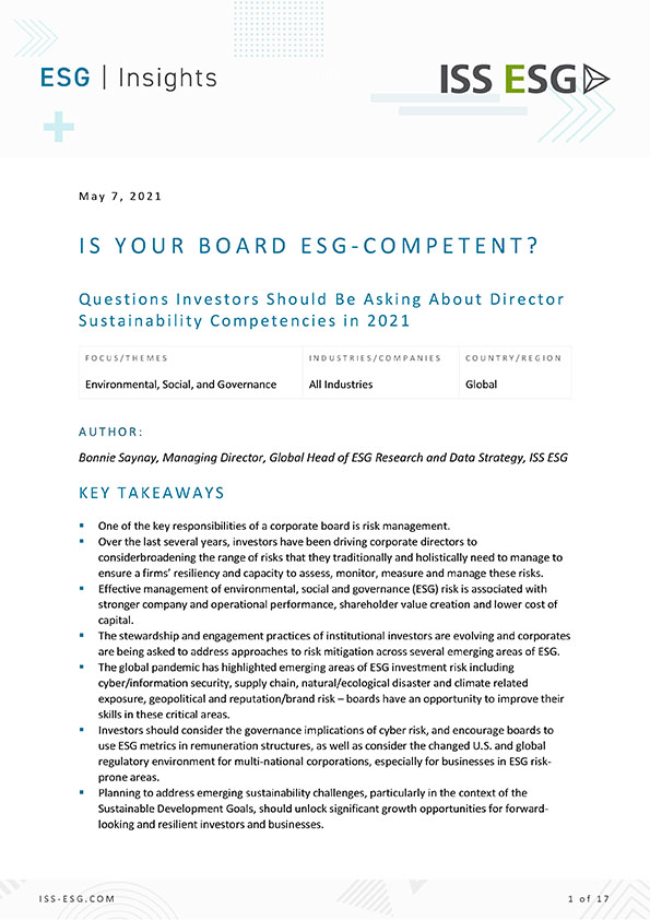 Is Your Board ESG-Competent? Questions Investors Should Be Asking About Director Sustainability Competencies in 2021 Is Your Board ESG-Competent? Questions Investors Should Be Asking About Director Sustainability Competencies in 2021