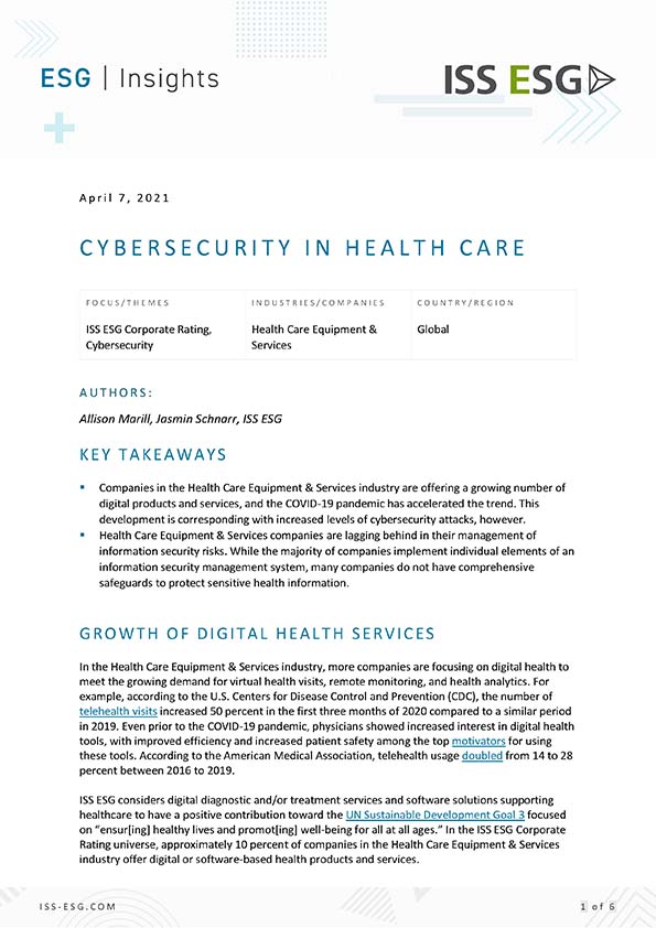 Cybersecurity in Health Care Cybersecurity in Health Care