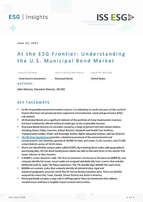At the ESG Frontier: Understanding the U.S. Municipal Bond Market At the ESG Frontier: Understanding the U.S. Municipal Bond Market