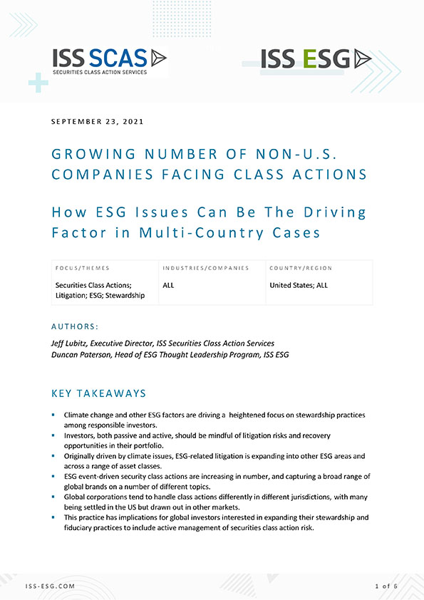 Growing Number of Non-U.S. Companies Facing Class Actions: How ESG Issues Can Be The Driving Factor in Multi-Country Cases