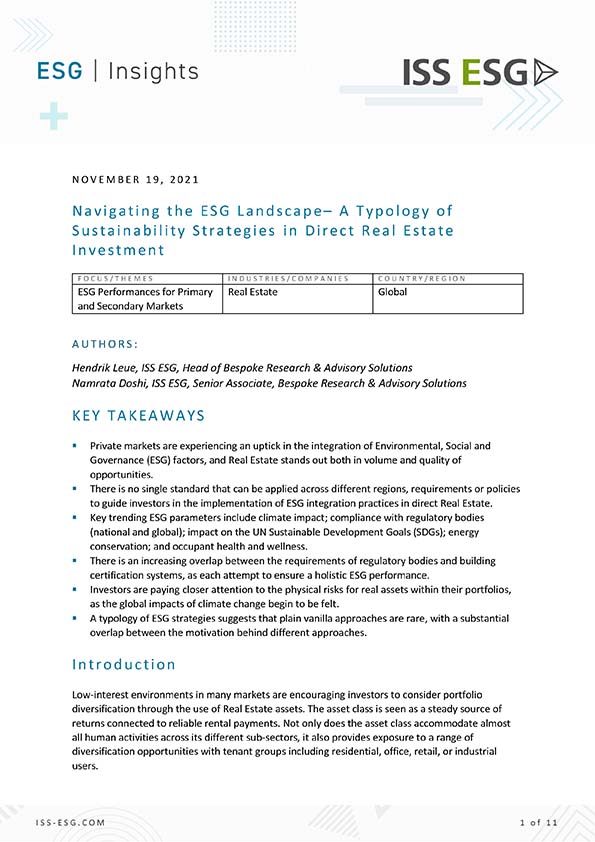 Navigating the ESG Landscape – A Typology of Sustainability Strategies in Direct Real Estate Investment Navigating the ESG Landscape – A Typology of Sustainability Strategies in Direct Real Estate Investment