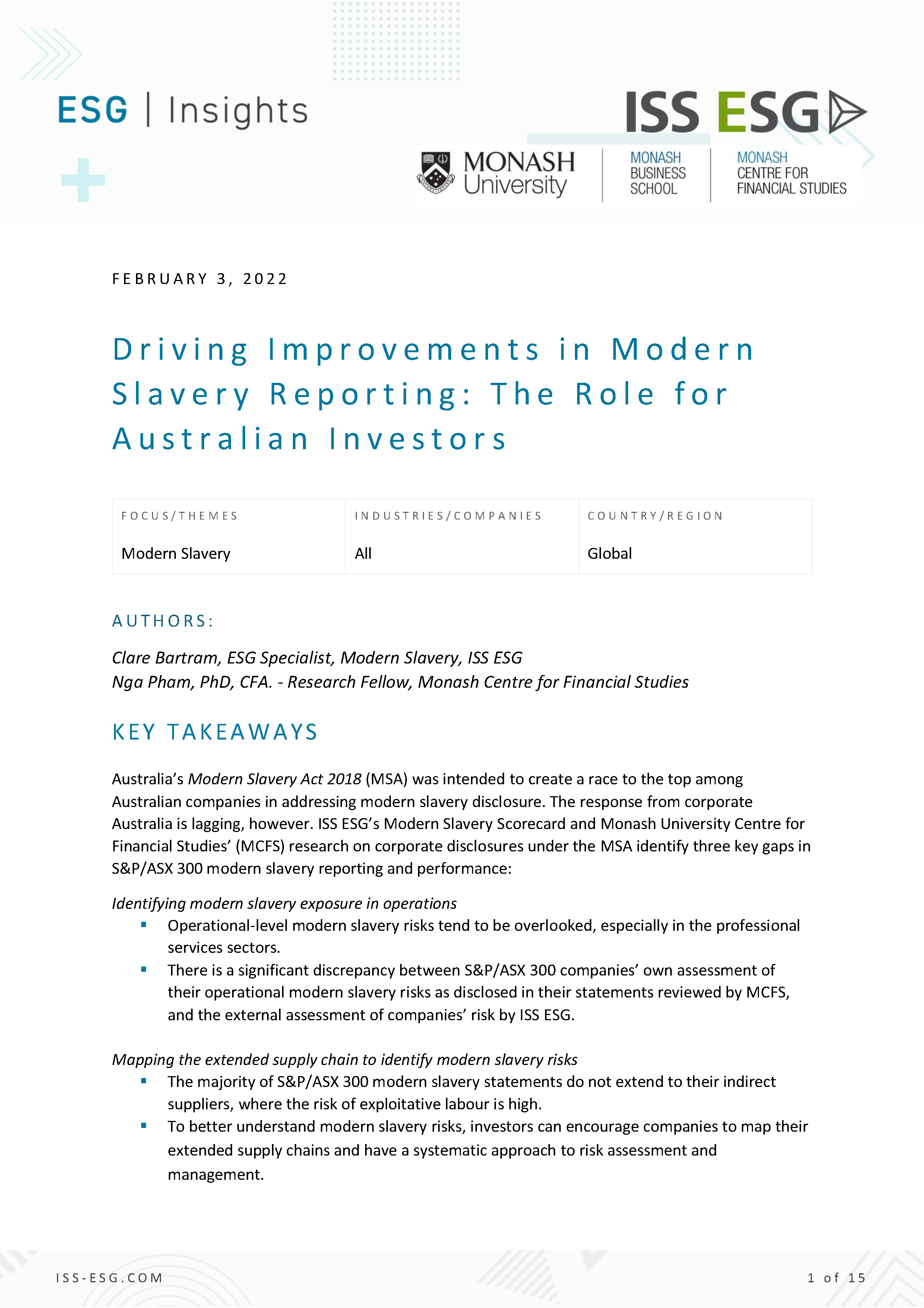Driving Improvements in Modern Slavery Reporting: The Role for Australian Investors Driving Improvements in Modern Slavery Reporting: The Role for Australian Investors