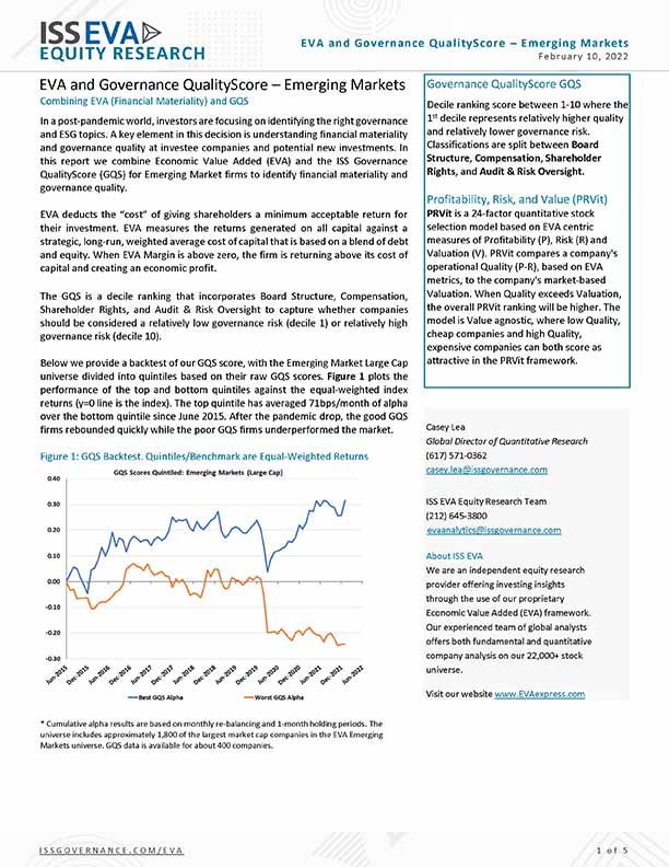 EVA and Governance QualityScore – Emerging Markets