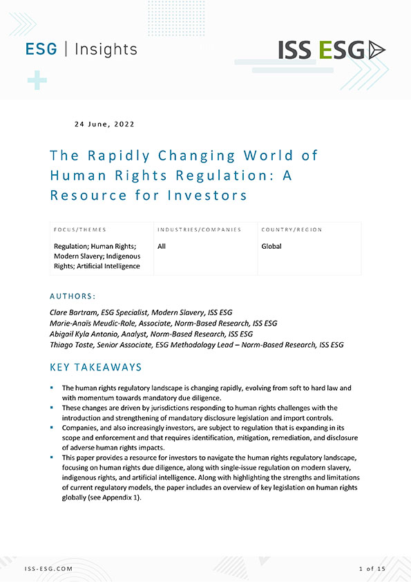 The Rapidly Changing World of Human Rights Regulation: A Resource for Investors