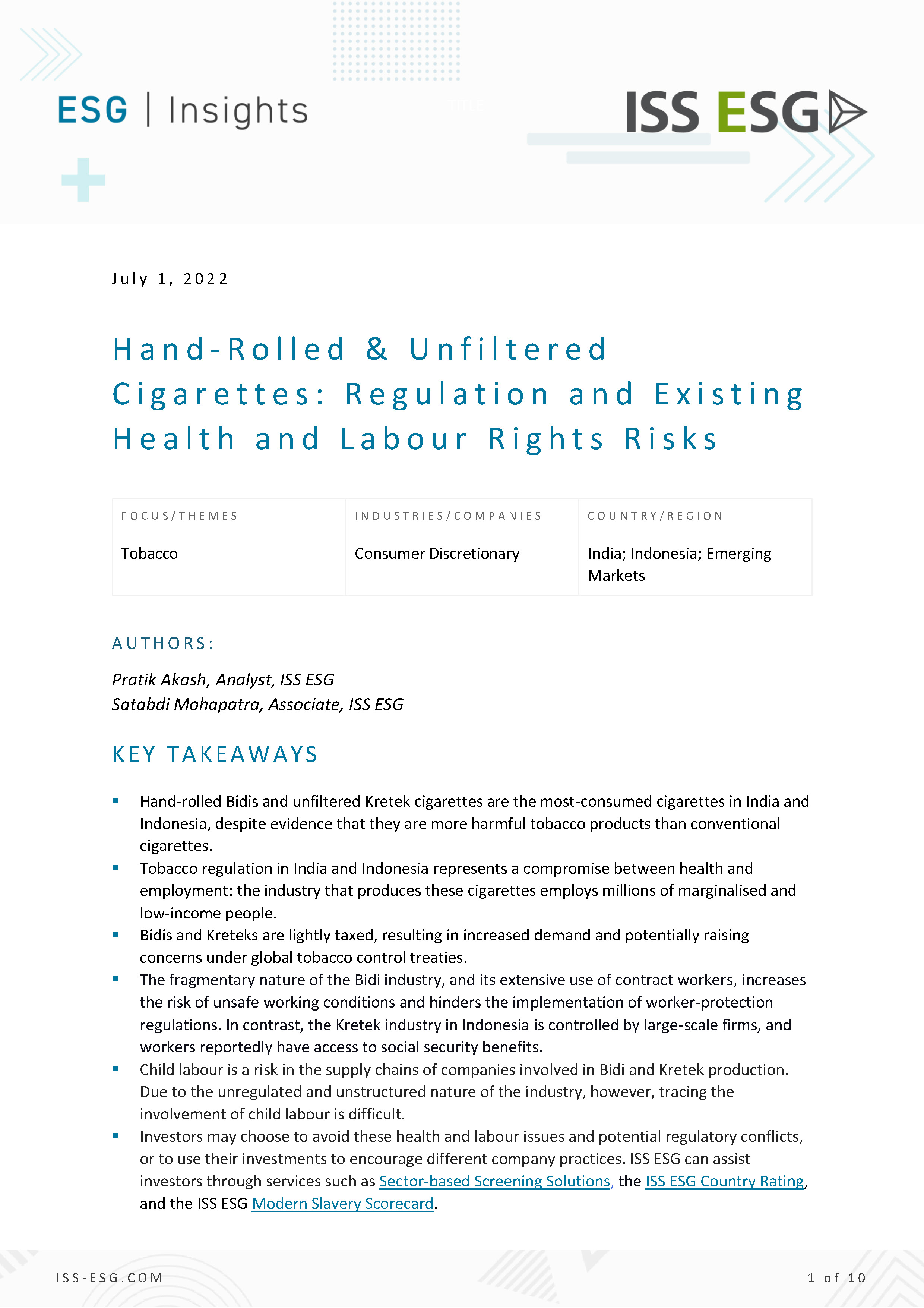 Hand-Rolled & Unfiltered Cigarettes: Regulation and Existing Health and Labour Rights Risks