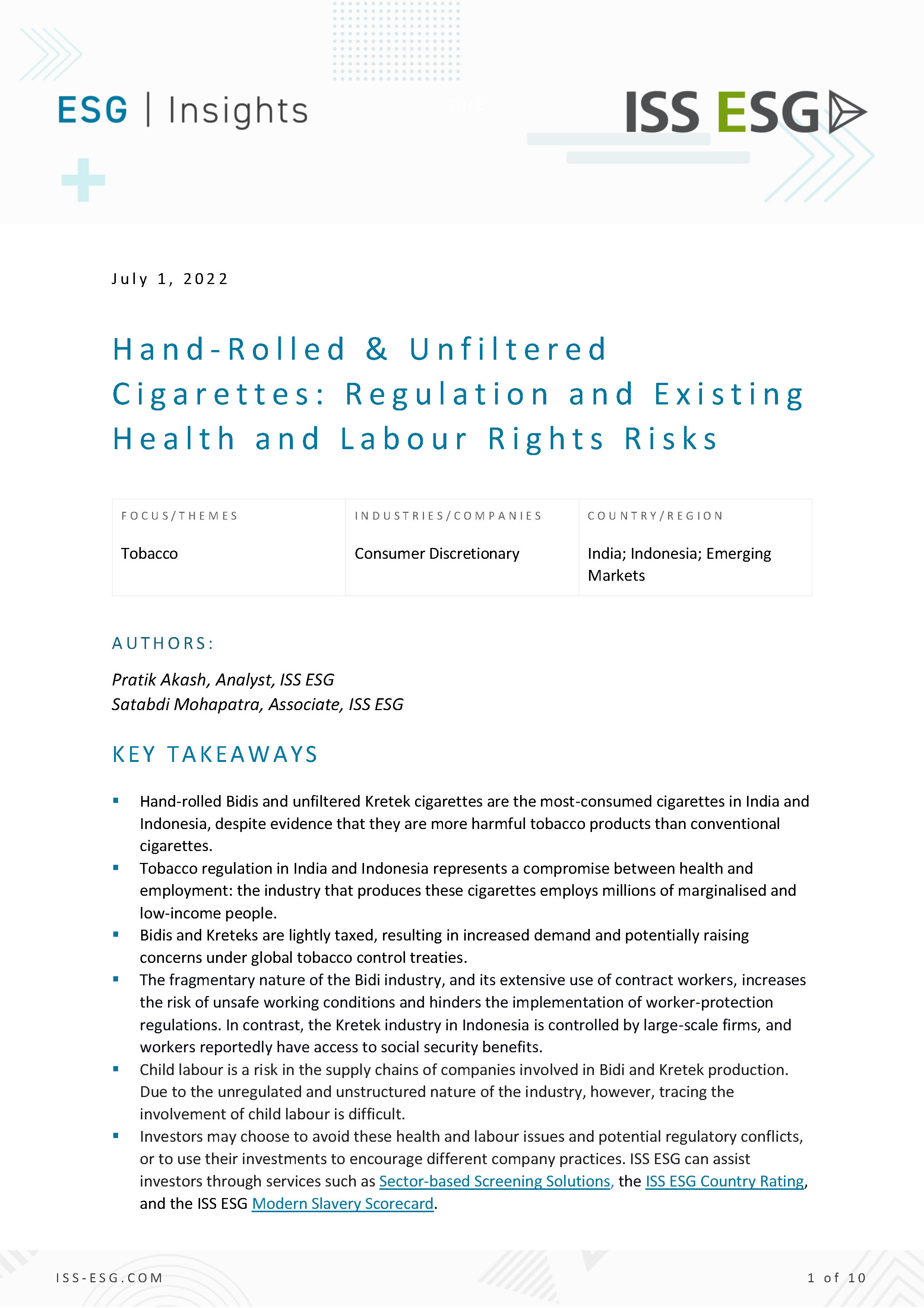 Hand-Rolled & Unfiltered Cigarettes: Regulation and Existing Health and Labour Rights Risks Hand-Rolled & Unfiltered Cigarettes: Regulation and Existing Health and Labour Rights Risks
