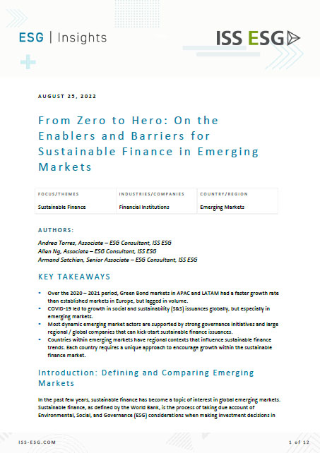 From Zero to Hero: On the Enablers and Barriers for Sustainable Finance in Emerging Markets From Zero to Hero: On the Enablers and Barriers for Sustainable Finance in Emerging Markets