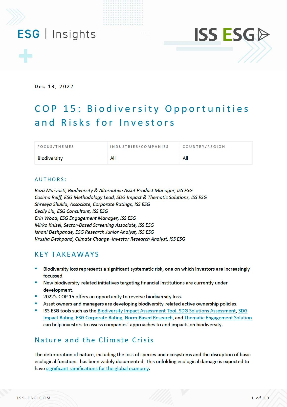 COP 15: Biodiversity Opportunities and Risks for Investors