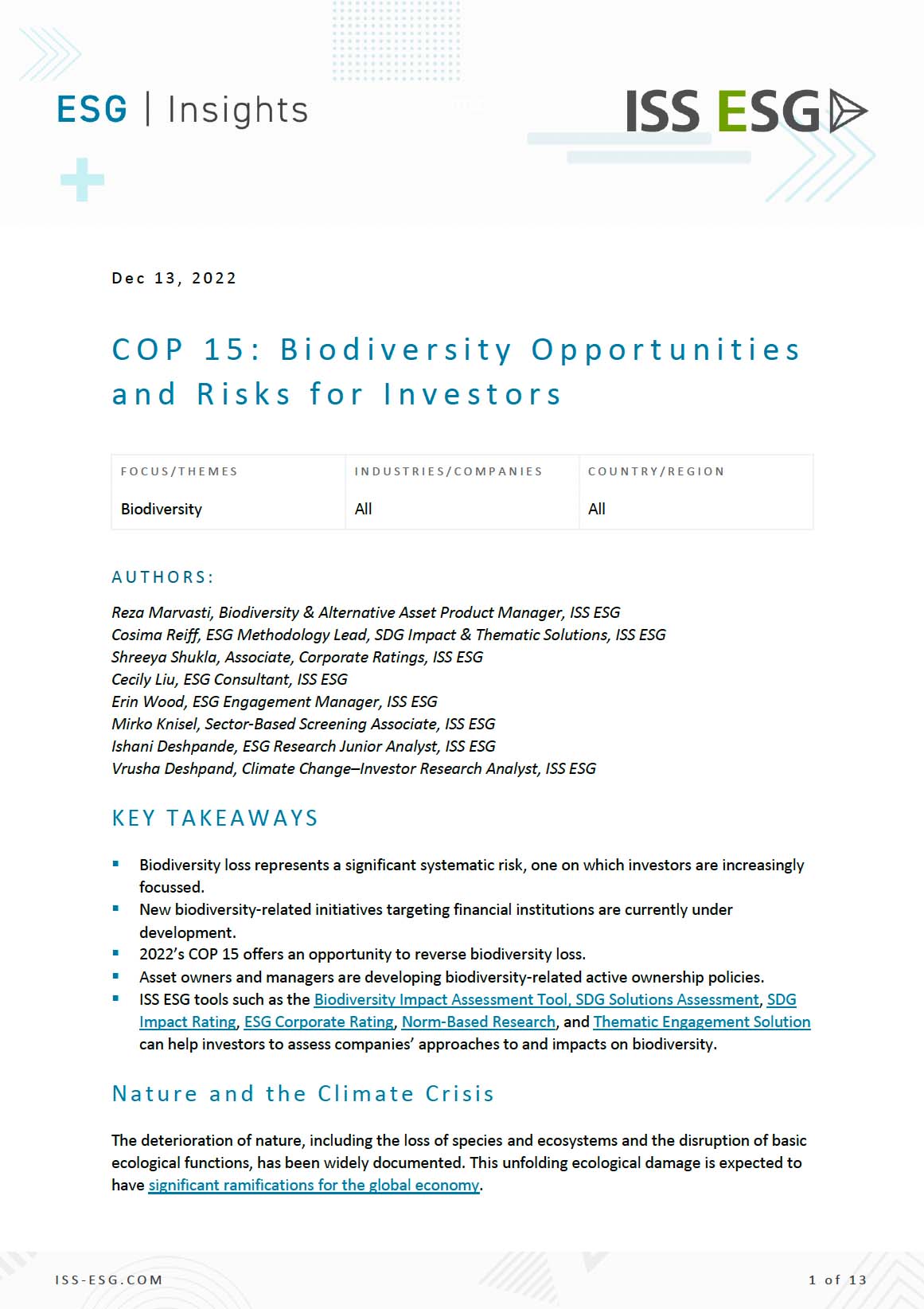 COP 15: Biodiversity Opportunities and Risks for Investors COP 15: Biodiversity Opportunities and Risks for Investors