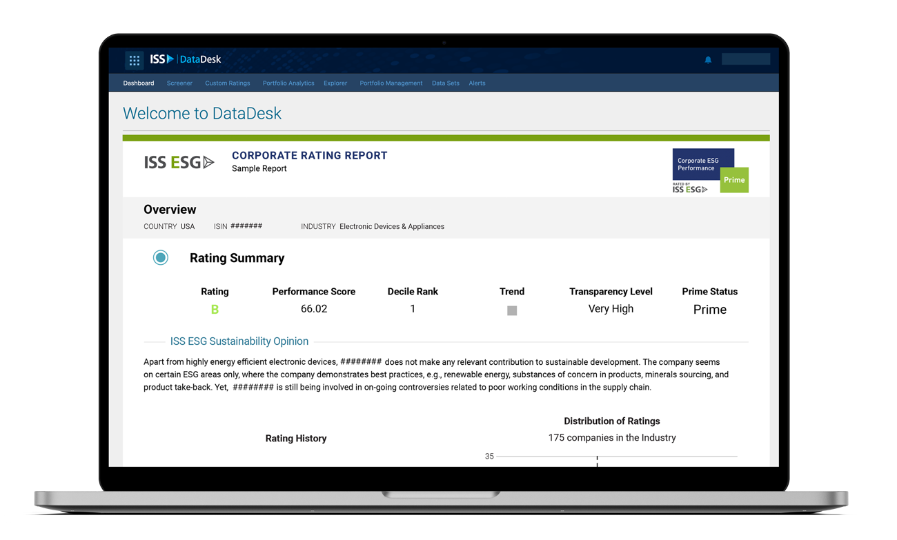 Inside the ISS DataDesk Dashboard is the ESG Corporate Rating Report