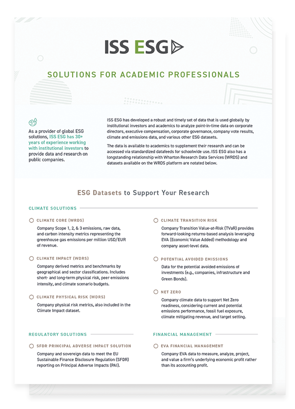 Access in-depth point-in-time data on global corporate directors, executive compensation, corporate governance, company vote results, climate and emissions data, and various other ESG datasets.